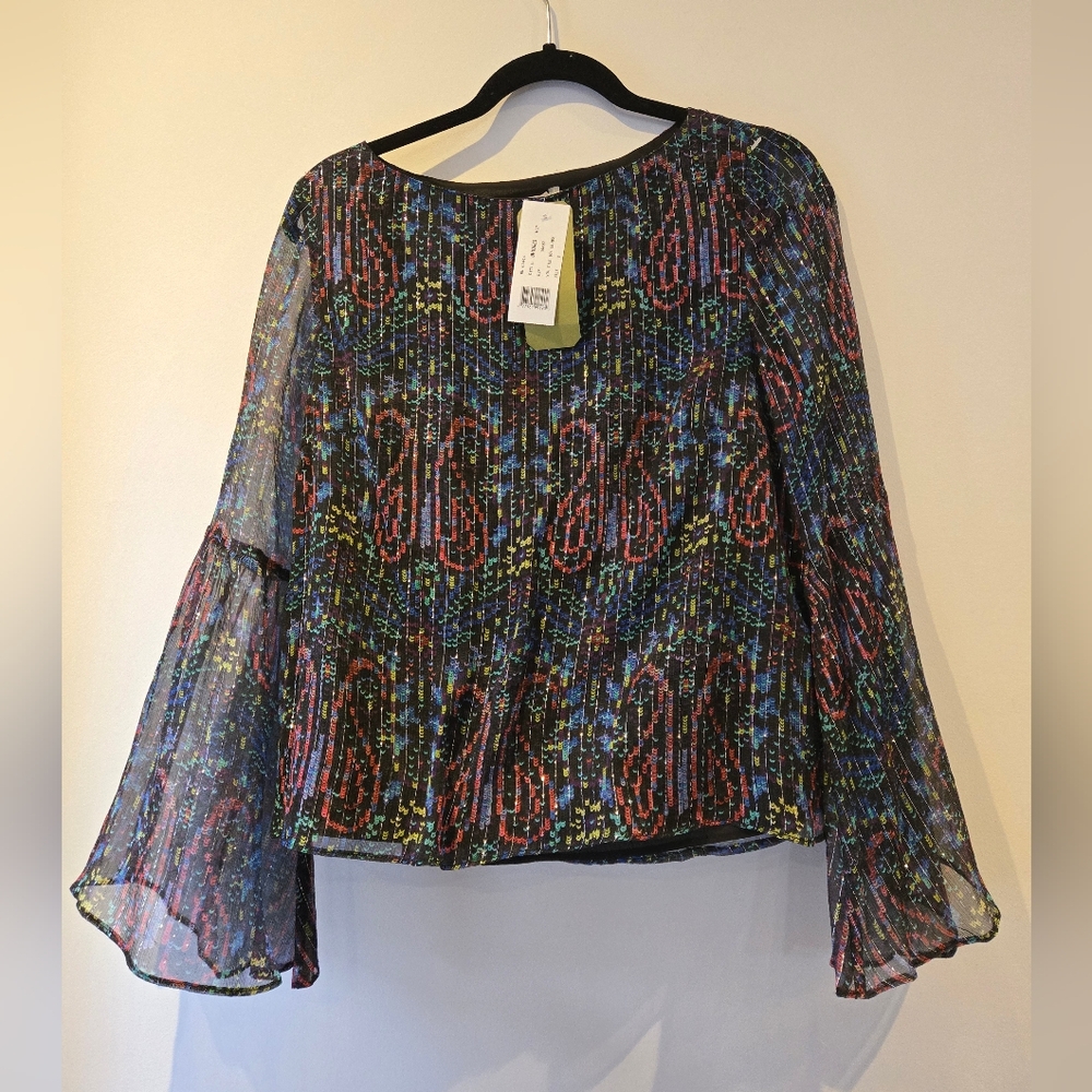 Nicole Miller Atelier Metallic Thread Sequin Print Silk Blouse NWT Size Small